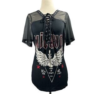 Y2K Charlotte Russe Mesh Lace Up Graphic Top Sz L Goth Grunge Punk Rock